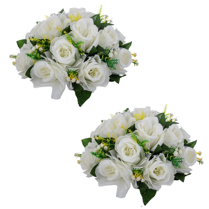 LANLONG 2 PCS Fake Flower Ball Arrangement Bouquet, 15 Heads Plastic Roses with Base, Artificial Flower for Wedding Bouquets Centerpieces Party Valentine's Day Home Decor - Image 1